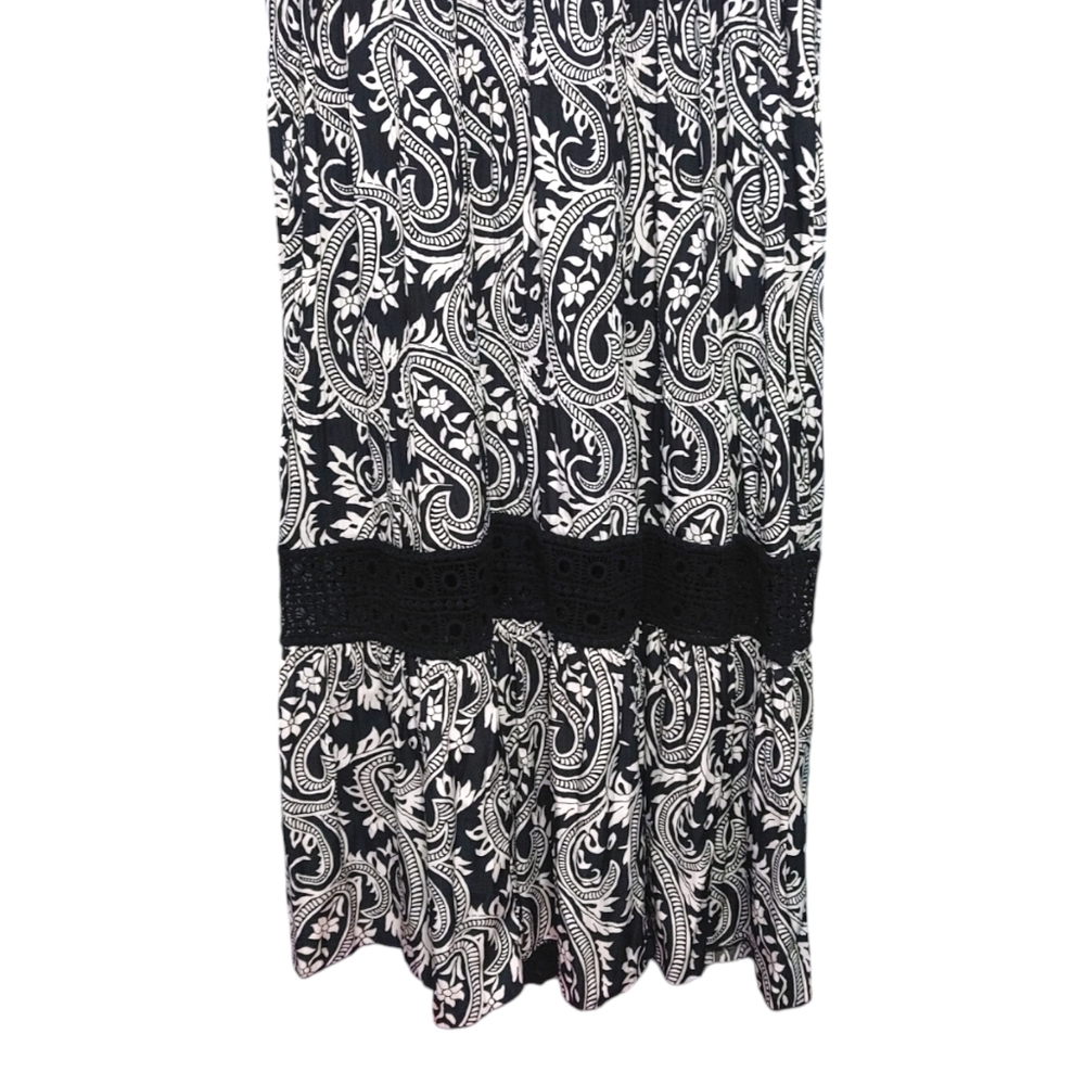 Chico's Paisley Black White Crochet Detail Ruffle Maxi Dress Women's Size 14 - Picture 10 of 14